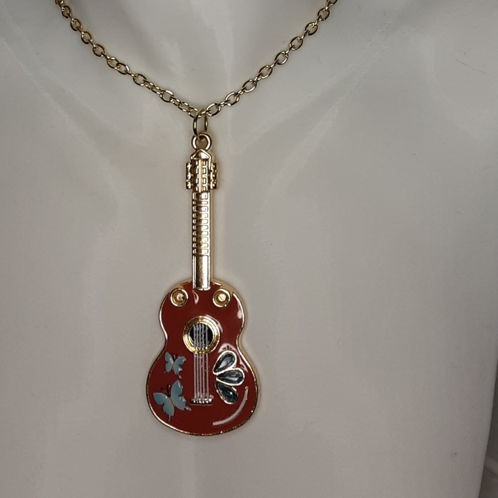Handmade Guitar Necklace With Blue Rhinestones And Butterflies 20" Long Chain - Picture 4 of 5